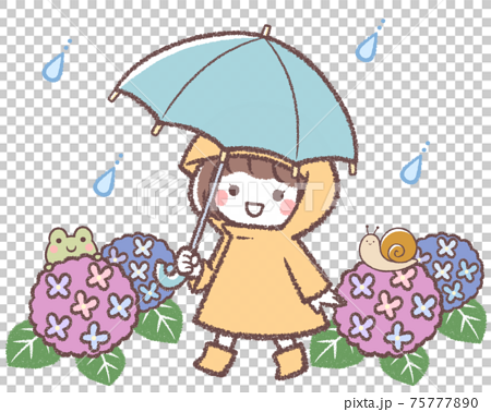 傘をさす女の子と紫陽花とカエルとカタツムリ 75777890