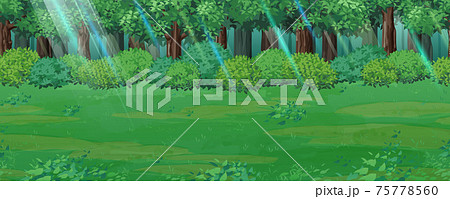 森と草原の風景イラスト 木漏れ日 横スクロールゲームの背景 シームレスのイラスト素材