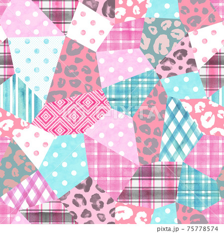 Trendy imitation sewn pieces of fabric in patchwork style. Watercolour hand drawn modern collage Trendy imitation sewn pieces of fabric in patchwork style. Watercolour hand drawn modern collage 75778574