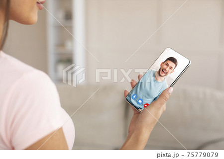 Virtual Call. Unrecognizable Lady Video Chatting With Boyfriend Via Teleconference On Smartphone Virtual Call. Unrecognizable Lady Video Chatting With Boyfriend Via Teleconference On Smartphone 75779079