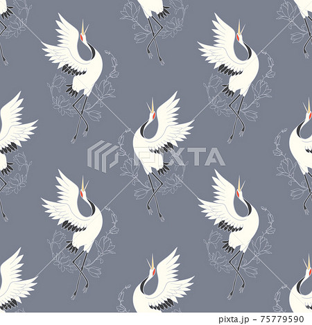 Seamless pattern with flowers and white Japanese cranes. 75779590