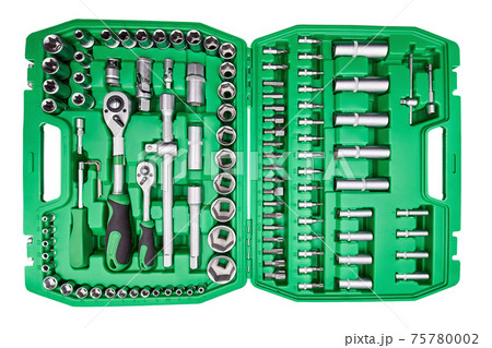 Big green toolbox set for car repair. Set of tools isolated on a white background. 75780002