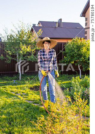 Caucasian woman gardener in work clothes watering the beds in her vegetable garden on sunny warm summer day. Concept of working in the garden and your farm 75780194