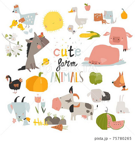Cute farm animals set on white background Cute farm animals set on white background 75780265
