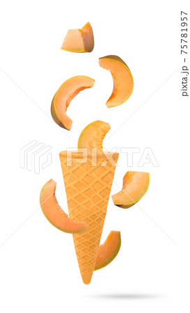 Flying fresh melon fruits on white background. Food levitation concept. Flying fresh melon fruits on white background. Food levitation concept. 75781957