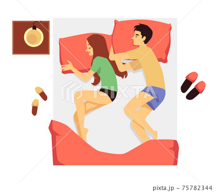 Bed with young couple sleeping together, flat vector illustration isolated. Bed with young couple sleeping together, flat vector illustration isolated. 75782344