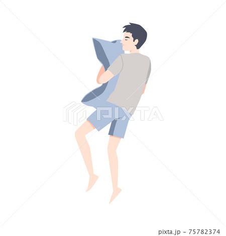 Cartoon man sleeping and hugging a pillow. Sideways bed sleep position Cartoon man sleeping and hugging a pillow. Sideways bed sleep position 75782374