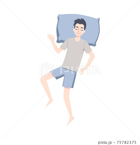 Man in pajama sleeping on back and smiling, flat vector illustration isolated. 75782375