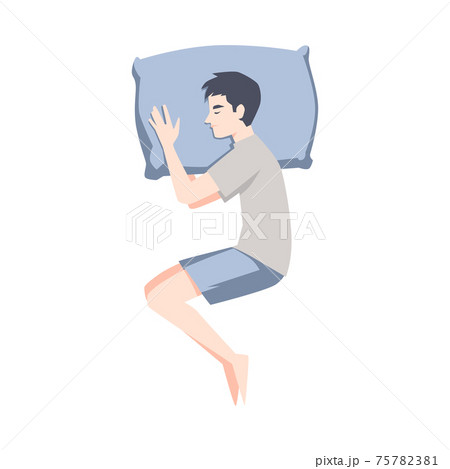 Young man sleeping with pillow under head, flat vector illustration isolated. 75782381