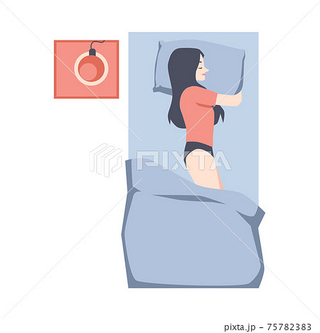 Cartoon woman sleeping in bed with pillow. Top... - Stock Illustration  [75782383] - PIXTA