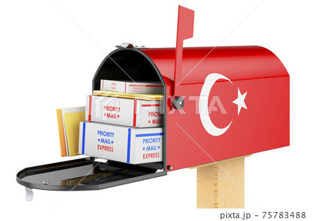 Mailbox with Turkish flag with parcels, envelopes inside. Shipping in Turkey, concept. 3D rendering Mailbox with Turkish flag with parcels, envelopes inside. Shipping in Turkey, concept. 3D rendering 75783488