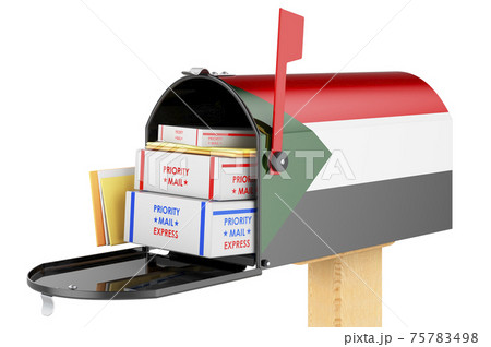Mailbox with Sudanese flag with parcels, envelopes inside. Shipping in Sudan, concept. 3D rendering Mailbox with Sudanese flag with parcels, envelopes inside. Shipping in Sudan, concept. 3D rendering 75783498