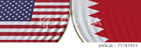 United States and Bahrain political cooperation or conflict, flags and closing or opening zipper, conceptual 3D rendering United States and Bahrain political cooperation or conflict, flags and closing or opening zipper, conceptual 3D rendering 75783933
