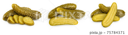 Marinated pickled cucumber isolated on white background with full depth of field. Set or collection Marinated pickled cucumber isolated on white background with full depth of field. Set or collection 75784371