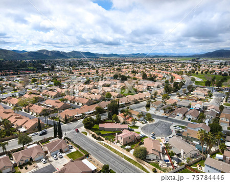 Aerial view of Hemet city in the San Jacinto Valley in Riverside County, California 75784446