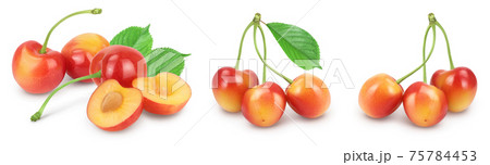 yellow-red sweet cherry isolated on white background with full depth of field, Set or collection 75784453