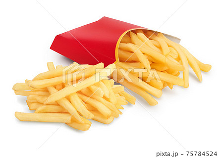French fries or fried potatoes in a red carton box isolated on white background with clipping path and full depth of field French fries or fried potatoes in a red carton box isolated on white background with clipping path and full depth of field 75784524