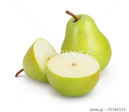 Green pear fruit with half isolated on white background with clipping path and full depth of field 75784525