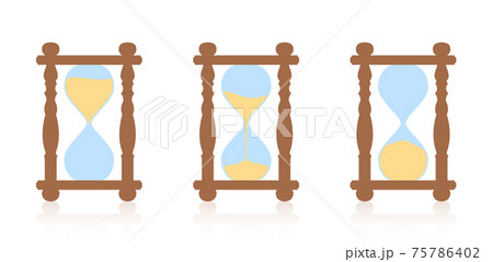 Hourglass - start, halftime and finish sequence. Three sand timer in timing action, measuring as time goes by, before, during, after. Isolated vector illustration on white background. Hourglass - start, halftime and finish sequence. Three sand timer in timing action, measuring as time goes by, before, during, after. Isolated vector illustration on white background. 75786402