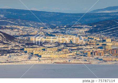 Beautiful winter view of the northern port city of Magadan. Beautiful winter view of the northern port city of Magadan. 75787114