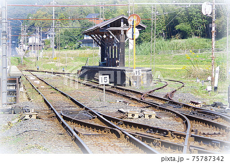 【絵画風】線路の向こうに島式のホームが見える一畑口駅の風景 … 島根県 出雲市（晴れ） 75787342