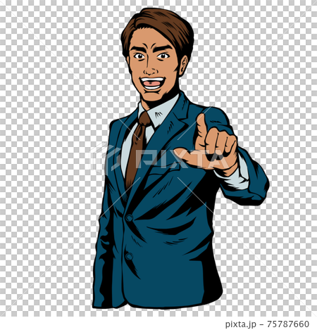 アメコミ風日本人男性 ビジネス男性 ハンドサイン 正面に指差し アメコミ風日本人男性 ビジネス男性 ハンドサイン 正面に指差し 75787660