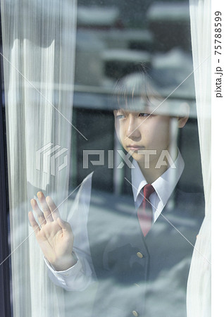 窓から外を見る中学生（外出自粛要請のイメージ） 75788599