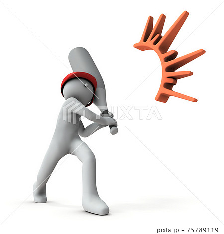 フルスイングでバットを命中させたキャラクター。3Dレンダリング。白バック。 フルスイングでバットを命中させたキャラクター。3Dレンダリング。白バック。 75789119