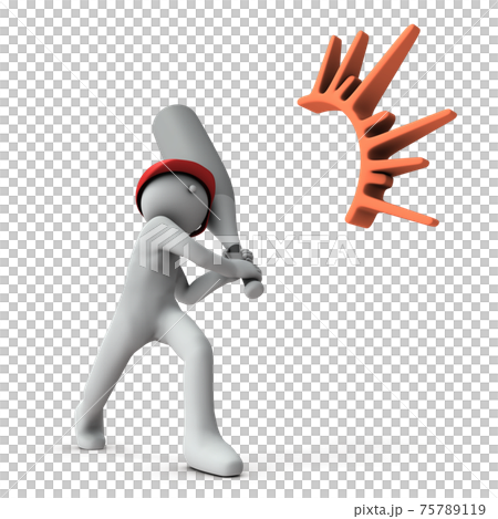 フルスイングでバットを命中させたキャラクター。3Dレンダリング。白バック。 フルスイングでバットを命中させたキャラクター。3Dレンダリング。白バック。 75789119