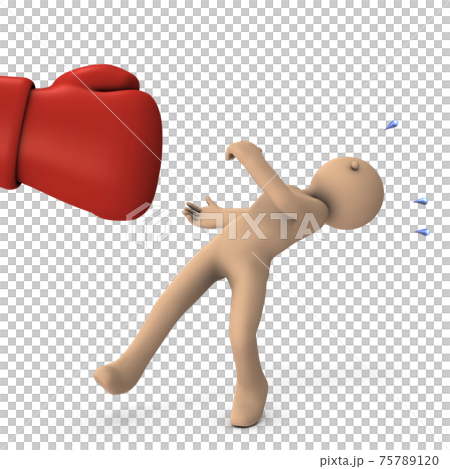 誇張された大きなパンチ。ノックアウトされる敗者。白バック。3Dレンダリング。 75789120