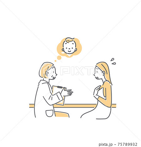 産婦人科でベテラン医師から望まない妊娠を告げられる女性のシンプルな線画イ 75789932