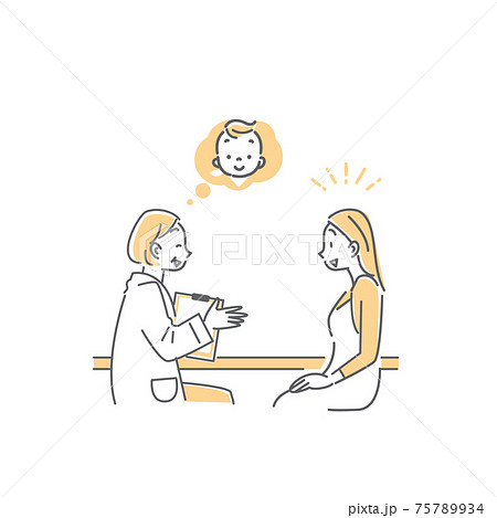 産婦人科でベテラン医師から妊娠を告げられる女性のシンプルな線画イラスト 75789934