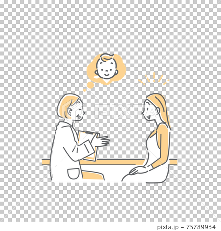 A simple line art illustration of a woman who is told that she is pregnant by a veteran doctor in obstetrics and gynecology 75789934