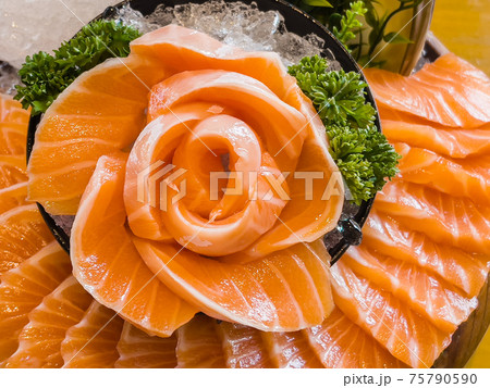 salmon sashimi slice (flower shape), japanese food salmon sashimi slice (flower shape), japanese food 75790590
