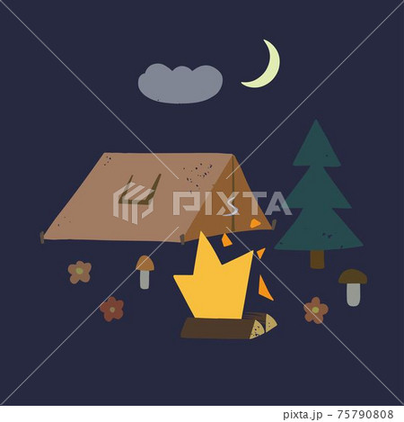Illustration of camping tent and fire in simple cartoon doodle style. 75790808