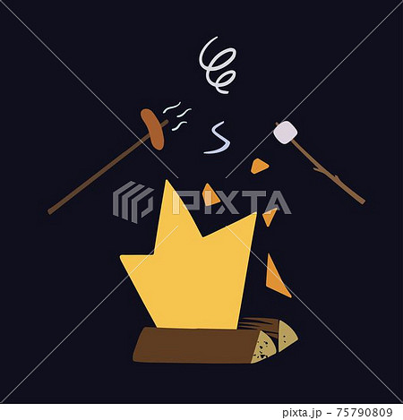 Campfire with grilling sausages and marshmallows. Illustration in simple cartoon doodle hand drawn style. 75790809