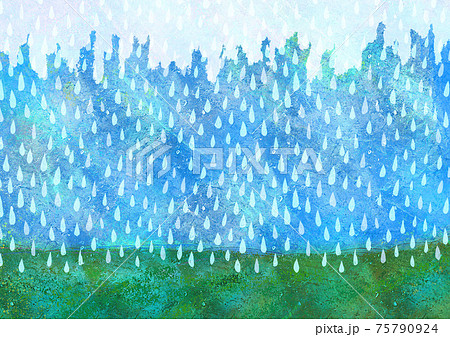 雨 空と丘 梅雨 6月 水彩 ステンシル 背景素材 アイコン 雨粒 雫 雨の日のイラスト素材