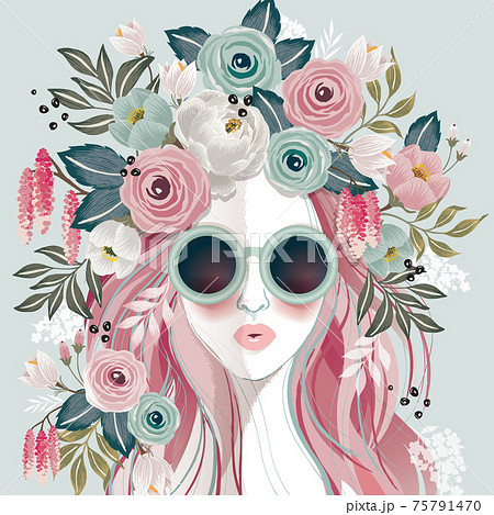 Vector illustration of a sunglasses girl with floral headdress in spring for Wedding, anniversary, birthday party 75791470