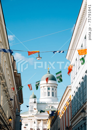 Helsinki cathedral with colorful garland in Helsinki, Finland 75791641