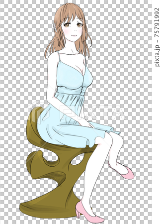 座る可愛いワンピースの女の子のイラスト素材