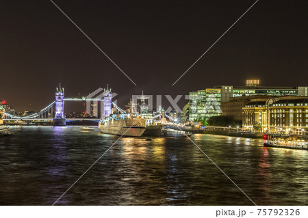 Tower Bridge and HMS Belfast warship in London Tower Bridge and HMS Belfast warship in London 75792326