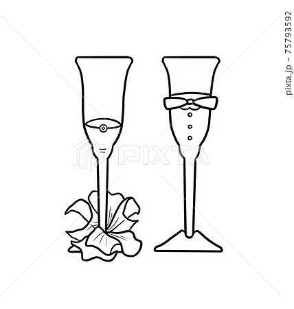 結婚式用グラスドレスセットの線画イラスト ウェディングシャンパングラスのイラスト素材