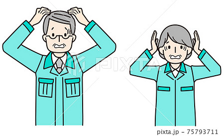 作業服を着て頭をかかえるシニアの男女 75793711