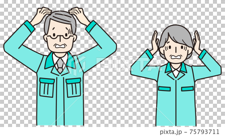 作業服を着て頭をかかえるシニアの男女 75793711