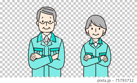 作業服を着て腕を組むシニアの男女 75793712