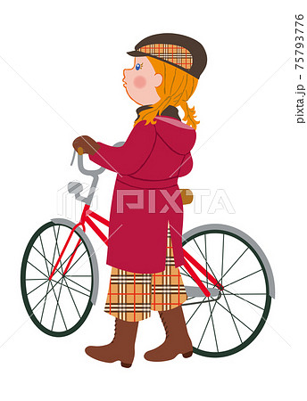 自転車を押して歩く女の子のイラスト素材