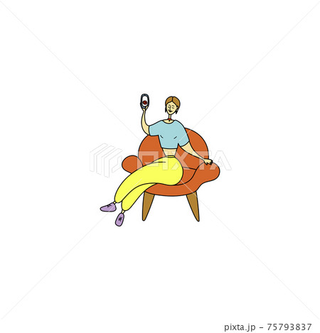 Beautiful woman makes selfie. Pretty girl is filming herself. Female sits in chair and shoots vlog. Influencer chatting with followers on phone. Blogger shoots vlog. Cartoon hand drawn illustration 75793837