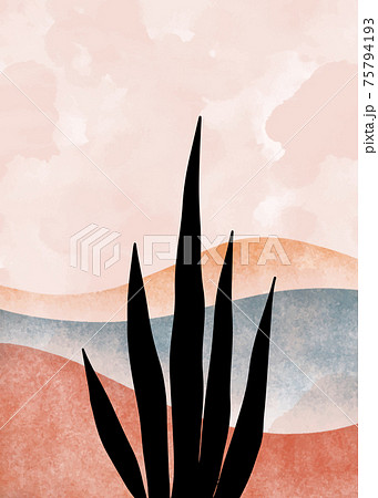 Mountain and Botanical wall art, Abstract Leaves, boho branch Mountain art for wall decoration, postcard or brochure design. Vector illustration. Mountain and Botanical wall art, Abstract Leaves, boho branch Mountain art for wall decoration, postcard or brochure design. Vector illustration. 75794193