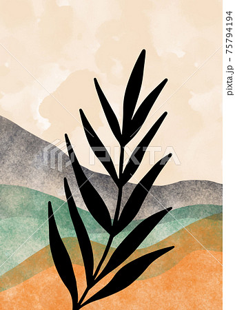 Mountain and Botanical wall art, Abstract Leaves, boho branch Mountain art for wall decoration, postcard or brochure design. Vector illustration. 75794194