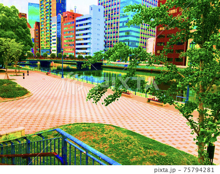 大阪の街並み ビビッドイラストのイラスト素材